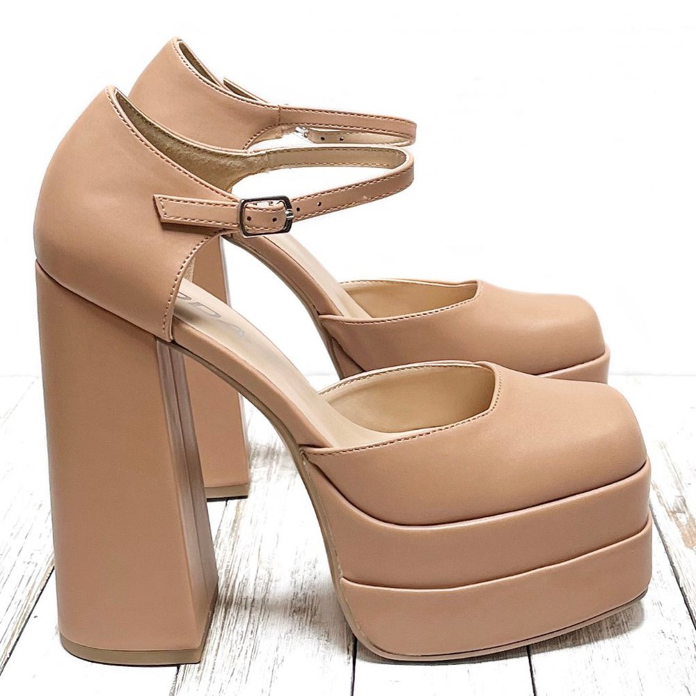 New Natural Mary Jane Platform Chunky Heel Pumps